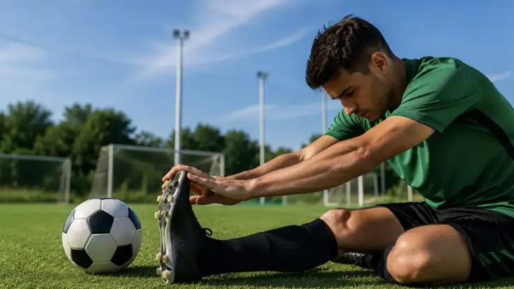 Futbolista realiza un estiramiento de piernas en un campo deportivo antes del entrenamiento, como parte de una rutina de acondicionamiento físico para mejorar la movilidad y prevenir lesiones.