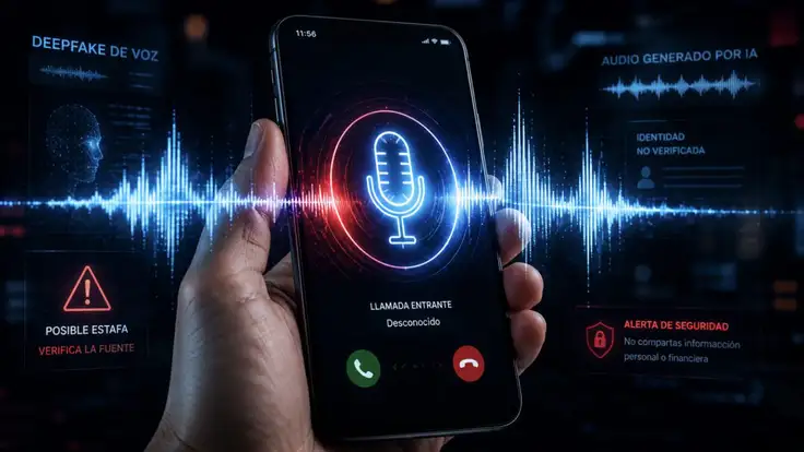 Mano sosteniendo un teléfono inteligente con un icono de micrófono brillante frente a una onda de sonido digital, representando un deepfake de voz o estafa telefónica con IA.