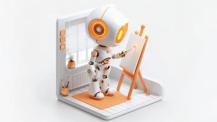 Robot humanoide pintando un cuadro en un caballete junto a una planta, escena creativa que representa la convergencia entre tecnología, creatividad y artes y humanidades en un entorno artístico minimalista. 
