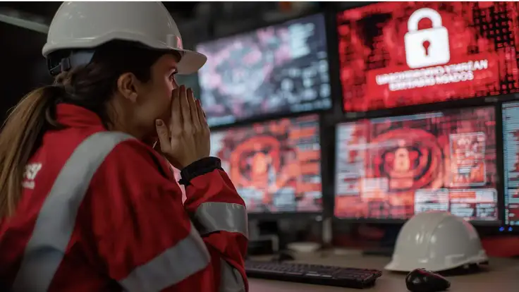 Una operadora con chaleco parece angustiada mientras tres monitores de computadora muestran un mensaje de ataque de ransomware con un candado rojo gigante y el texto "SUS ARCHIVOS PERSONALES ESTÁN ENCRIPTADOS", como muestra de un ataque de ciberseguridad industrial.