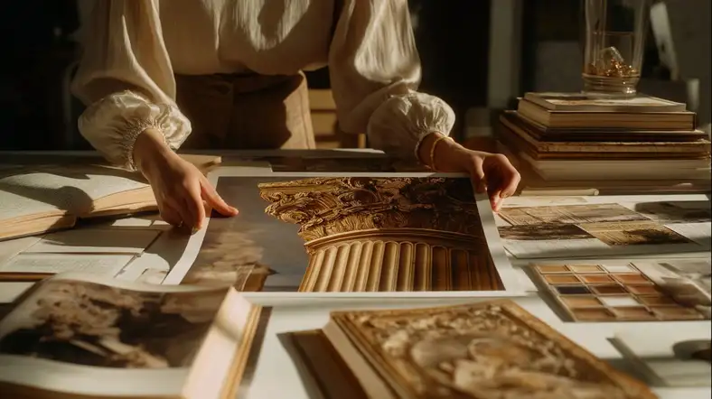 Características del arte barroco representadas con columnas ornamentadas, detalles arquitectónicos y elementos visuales que reflejan dramatismo y riqueza estética del Barroco europeo.