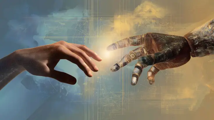 Ilustración que muestra una mano robótica y una mano humana acercándose, simbolizando el diálogo entre ciencia y religión y la relación entre tecnología, conocimiento científico y espiritualidad. 