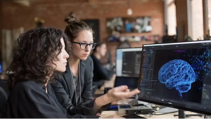 Dos ingenieras de software colaborando en el desarrollo de algoritmos de machine learning y redes neuronales en una oficina.