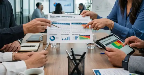 Grupo de profesionales analizan indicadores y documentos en oficina corporativa, enfocados en compliance corporativo y gestión de riesgos.
