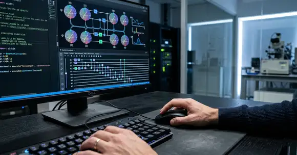 Persona trabajando en computadora con visualización de computación cuántica, diagramas de qubits y circuitos en pantalla en entorno tecnológico moderno.