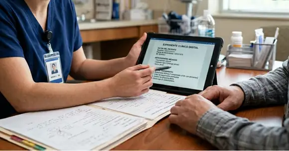 Enfermera con un paciente en consultorio dándole indicaciones en inglés para enfermería con apoyo de expediente clínico y tableta.