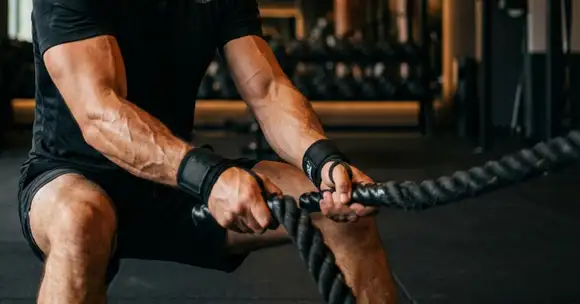 Profesional realizando entrenamiento físico funcional en gimnasio, combinando fuerza y cardio con cuerdas.
