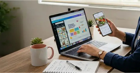 Profesional de la nutrición trabajando en laptop y celular, diseñando estrategias de marketing nutricional para promocionar servicios de salud en canales digitales.