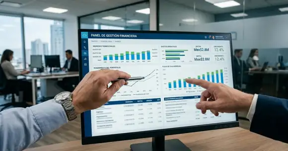 Profesionales analizando gráficos y métricas de gestión financiera en la nube en una pantalla, en un entorno corporativo.