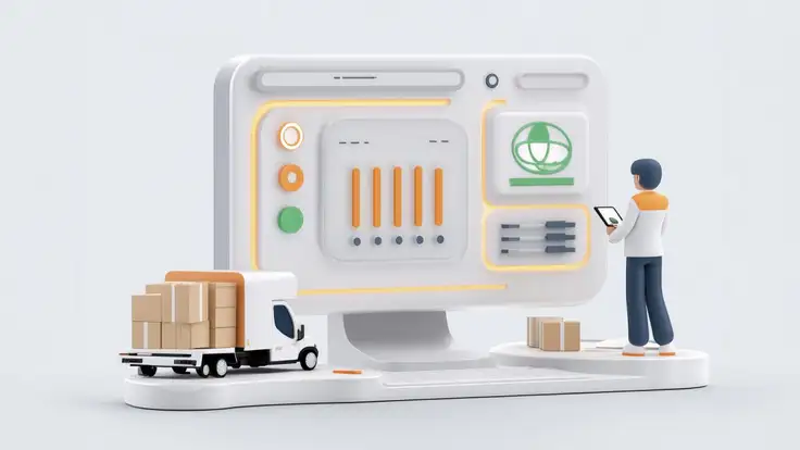 Ilustración de gestión logística integral que muestra a trabajadores de almacén, camiones de carga y paneles digitales de control para mejorar la eficiencia operativa.
