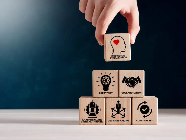Mano colocando un bloque de madera con un icono de cerebro y corazón (simbolizando inteligencia emocional) en la cima de una pirámide de bloques con figuras humanas, representando la importancia de la empatía y las habilidades blandas en el liderazgo y la gestión empresarial. 