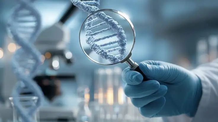Científico de laboratorio analizando una cadena de ADN con una lupa, representando los avances en ingeniería genética y biotecnología moderna.