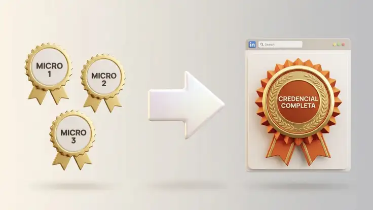 Ilustración que muestra tres insignias digitales pequeñas etiquetadas como "Micro 1", "Micro 2" y "Micro 3" sumándose, separadas por un símbolo de "desigual" de una insignia de "Credencial Completa" más grande, sobre un fondo degradado con mapas y libros.