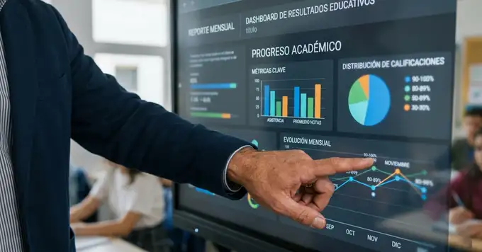 Docente junto a pantalla con dashboard de datos (gráficas y métricas), explicando resultados a dos estudiantes en aula moderna, representando las funciones de la evaluación educativa.