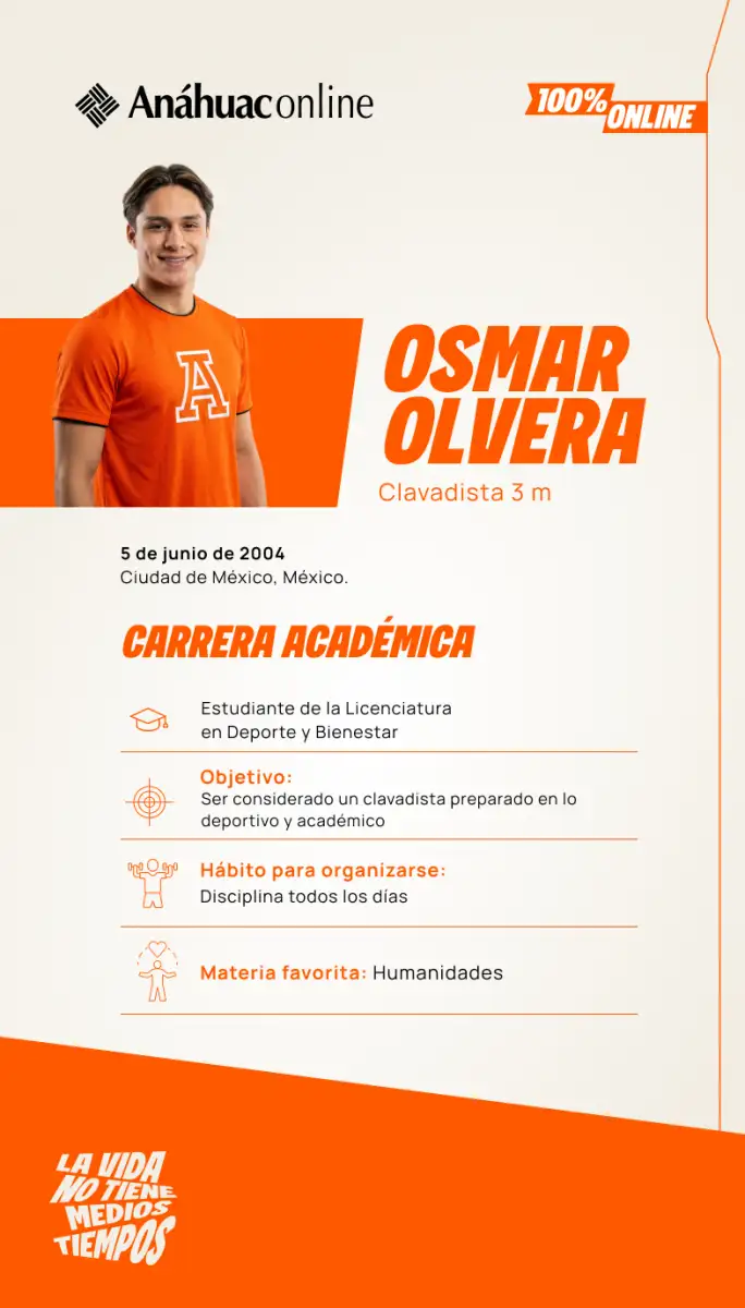 Infografía de Anáhuac Online sobre el clavadista de 3 metros Osmar Olvera. Detalla su carrera académica como estudiante de la Licenciatura en Deporte y Bienestar. 