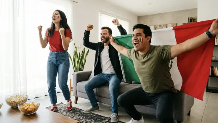 Tres aficionados mexicanos celebrando con emoción en una sala, sosteniendo la bandera de México y mostrando su pasión por el futbol mientras ven un partido en la televisión con botanas en la mesa.