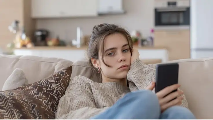Una mujer tumbada de lado en un sofá y apoyando la cabeza en un cojín mira su smartphone con una expresión abatida y cansada mientras hace doomscrolling.