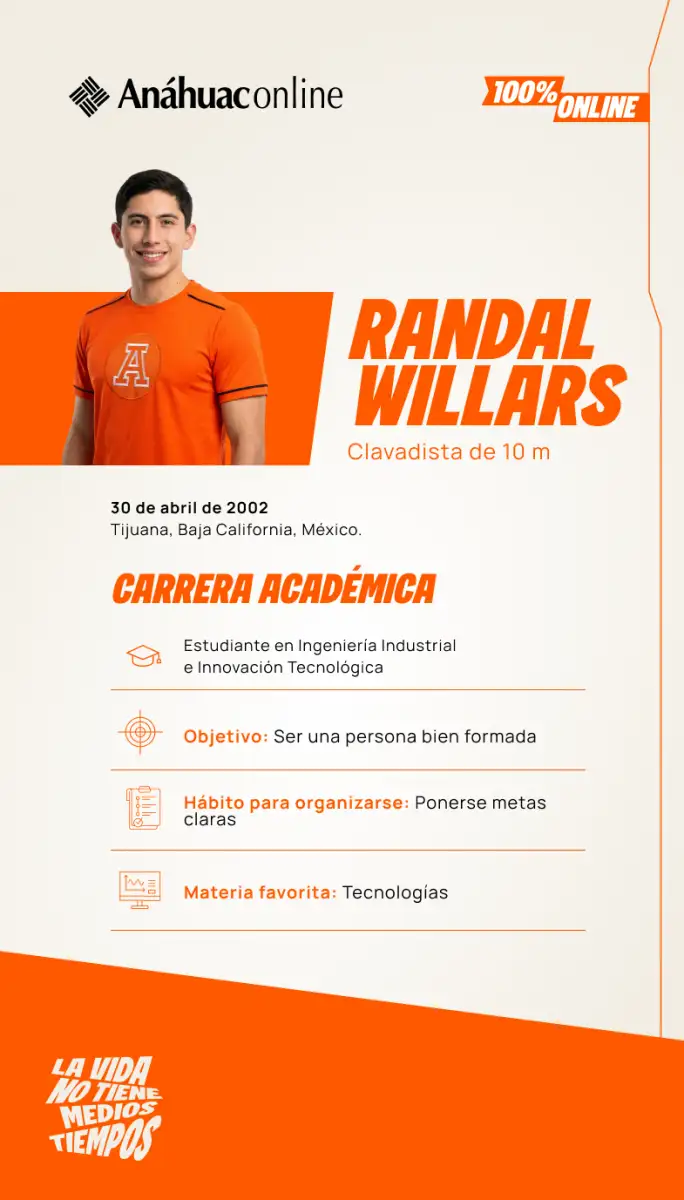 Infografía de Anáhuac Online sobre la carrera académica de Randal Willars, clavadista de 10 m y estudiante de Ingeniería Industrial e Innovación Tecnológica 