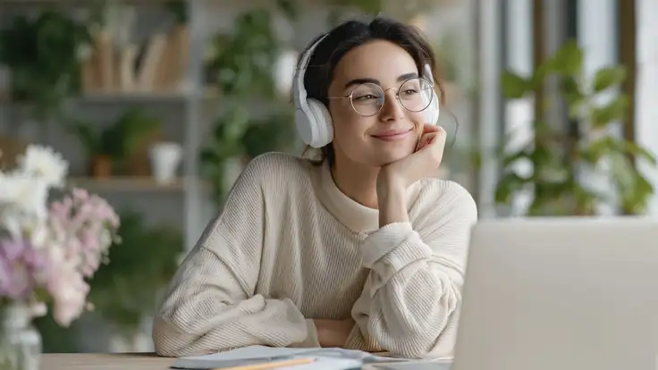 Mujer joven sonriente con gafas y auriculares sentada frente a su laptop, realizando un test de inteligencia emocional, en una oficina luminosa llena de plantas, con un gesto amigable. 
