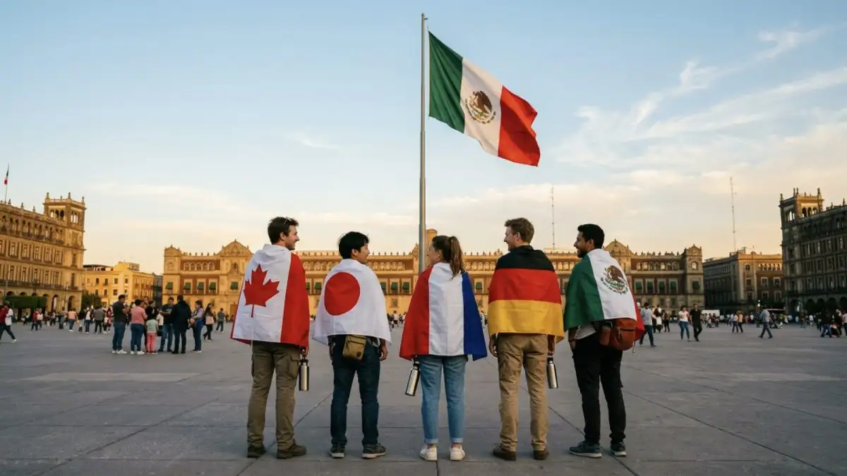 Jóvenes con banderas de diferentes países en la espalda caminan en una plaza pública en México, ideal para ilustrar el turismo deportivo.