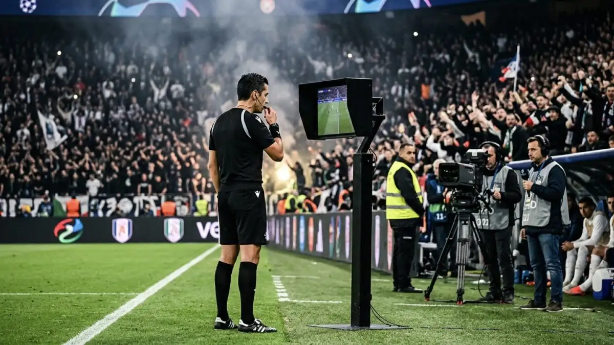 Árbitro principal consultando el monitor del VAR en el campo de juego frente a las gradas llenas de un estadio.