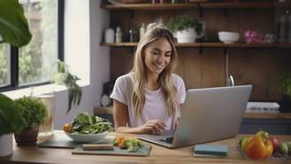 Imagen de una mujer joven tomando una clase de diplomado en alimentación saludable con libros y laptops sobre la mesa de cocina, con alimentos frescos alrededor.
