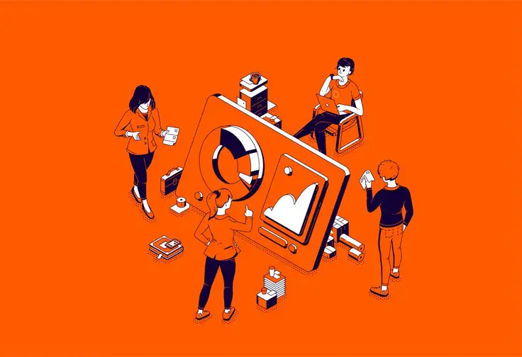 Ilustración conceptual de una estrategia de marketing digital representada por una persona interactuando con una interfaz holográfica que muestra gráficos, redes sociales y analítica de datos, destacando el papel de la analítica en campañas digitales. 