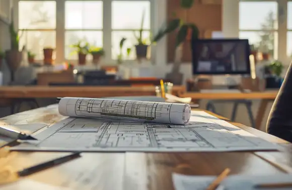 Arquitectos revisando planos y maquetas en un estudio moderno, trabajando en proyectos de construcción sustentable con paneles solares y diseño urbano verde.