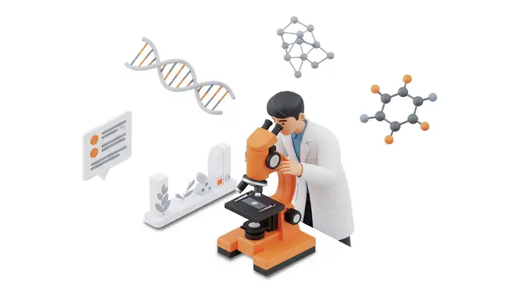 Ilustración digital de estilo plano que representa la bioética: un científico observa a través de un microscopio naranja, con fondo de ADN, balanza de la justicia y estructuras moleculares en tonos naranjas, evocando los colores institucionales de Anáhuac Online. 