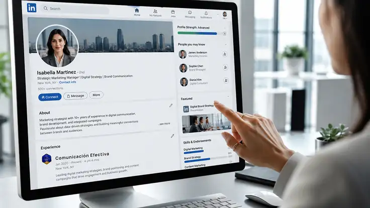 Profesional actualizando su perfil de Linkedin con una microcredencial de certificación, representando la función de CENEVAL para validar competencias y fortalecer el desarrollo profesional.