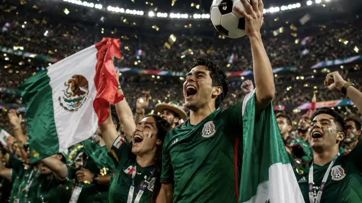 Aficionados mexicanos celebran con banderas y un balón de fútbol, reflejando el entusiasmo y el ambiente festivo que caracteriza a la Copa del Mundo.