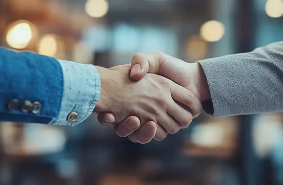 Dos personas estrechan la mano en señal de acuerdo dentro de una oficina, representando un momento de colaboración y logro vinculado al concepto de customer experience.