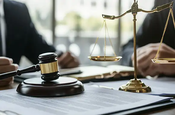 Abogado y cliente revisan documentos legales en una oficina. Sobre la mesa hay un mazo judicial, una balanza dorada y carpetas, lo que simboliza un entorno jurídico formal y profesional relacionado con el derecho administrativo y buen gobierno.