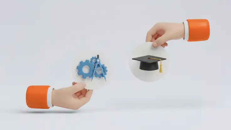 Dos manos sostienen círculos de papel, uno con un ícono de ingeniería (engranaje y compás) y otro con un ícono de licenciatura (birrete), representando visualmente la diferencia entre licenciatura e ingeniería. 
