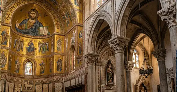 Mosaicos bizantinos y arquitectura gótica de arte medieval, con simbolismo y detalles visuales en una catedral.