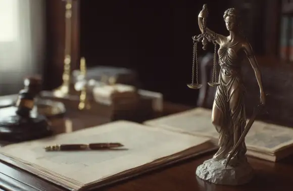 Escritorio de oficina legal con estatua de la justicia, mazo y documentos, asociado a derechos corporativos y asesoría jurídica empresarial.