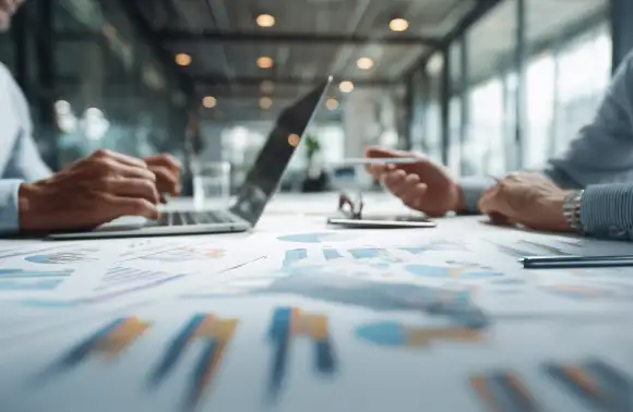 Dos personas en una reunión de trabajo analizando gráficos y documentos sobre una mesa, revisando datos en una laptop y en un teléfono móvil, en un contexto de reingeniería de procesos.