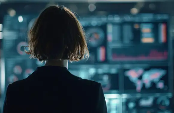 Profesional observando con determinación desde su escritorio, símbolo de innovación empresarial y visión estratégica en entornos corporativos.