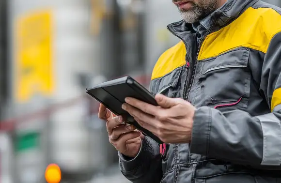Equipo de profesionales analizando un diagrama en pantalla digital dentro de una planta automatizada, ilustrando las características de la Industria 5.0 como la colaboración humano-máquina y la innovación tecnológica.