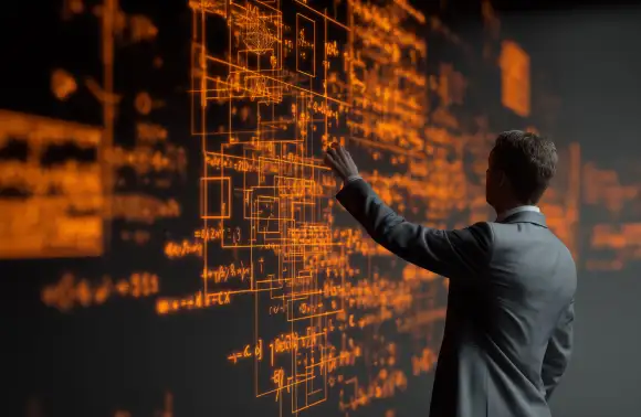 Hombre interactuando con un entorno digital sofisticado lleno de fórmulas matemáticas flotantes y gráficos 3D naranjas, que ilustra conceptos avanzados de matemáticas para ciencia de datos y análisis de negocios.