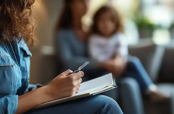 Vemos a un experto egresado del diplomado en psicología infantil hablando con su paciente y su mamá dando explicaciones de su trabajo, ofreciendo contención y confianza emocional.