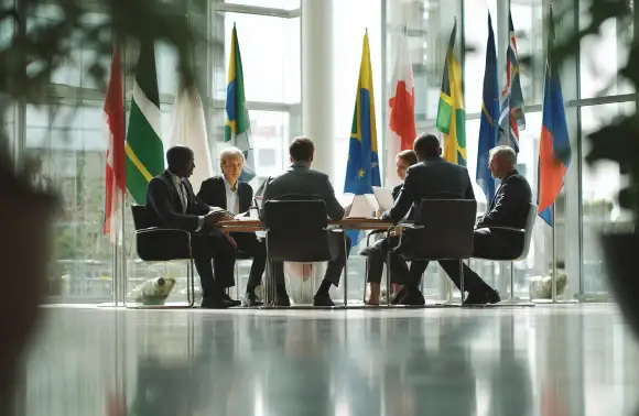 Personas diplomáticas sentadas conversando, haciendo negocios, relaciones internacionales y análisis geopolítico.