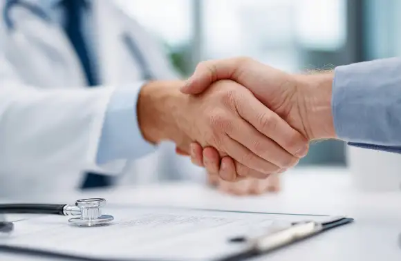 Primer plano de un representante de ventas y un profesional de la salud cerrando un acuerdo mediante un apretón de manos, tras realizar un exhaustivo análisis de portafolio de productos médicos.