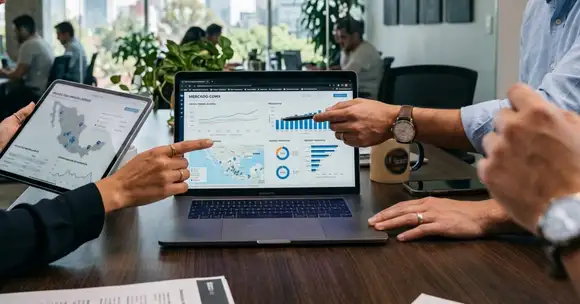 Grupo de personas analizando datos y gráficos en una oficina moderna, tomando decisiones sobre negocios inmobiliarios con apoyo de tecnología.