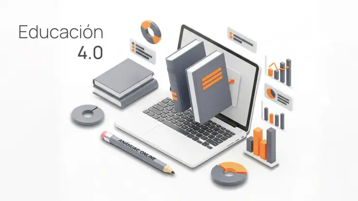 Ilustración de laptop con libros digitales, libro físico y pluma, representando el concepto de Educación 4.0. 
