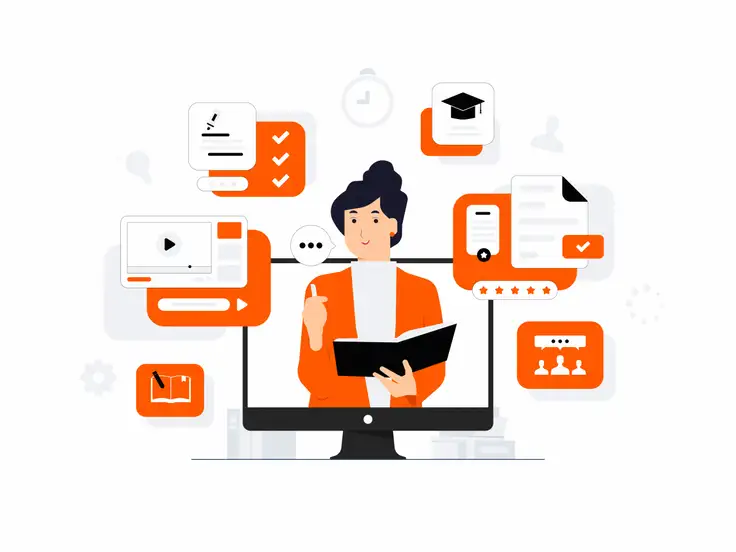 Ilustración conceptual de educación en línea con elementos digitales, libros, gráficos y una estudiante frente a la pantalla, símbolo del aprendizaje virtual en entornos conectados.