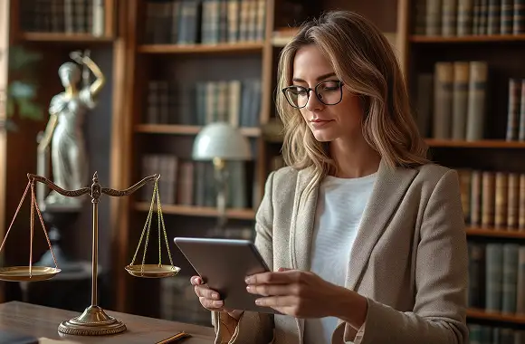 egresada en derecho revisando su tablet