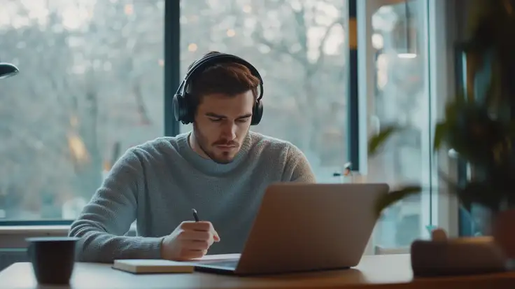 Imagen de una persona joven con audífonos, tomando apuntes frente a una computadora en un espacio cómodo y bien iluminado. El ambiente refleja concentración y calma, destacando la importancia de gestionar las emociones al estudiar en línea. 