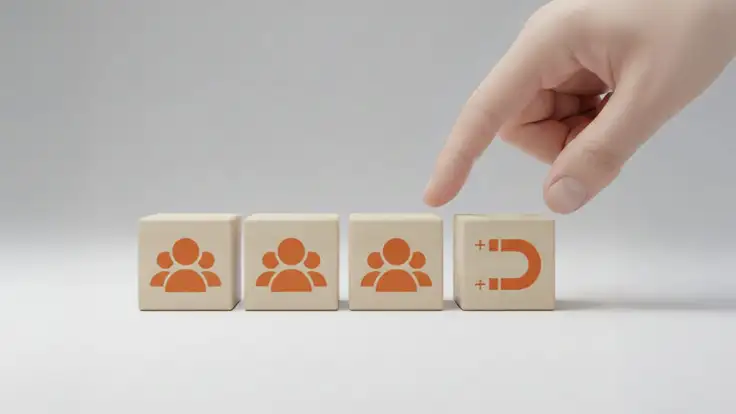Bloques de madera con íconos de personas y un imán, representando estrategias de inbound marketing orientadas a atraer y fidelizar audiencias.