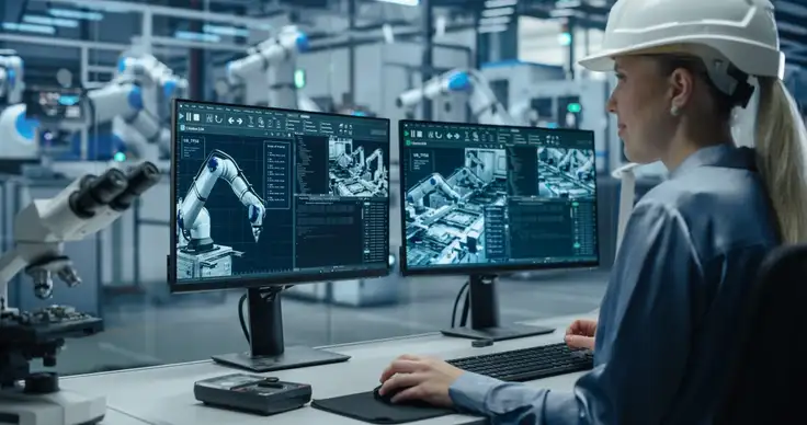 Ingeniera técnica con equipo de protección operando un panel de control o maquinaria automatizada, en un entorno de entrenamiento especializado, símbolo del avance en las ingenierías del futuro. 